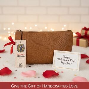 Caramel BrownFloral Embossed Tooled Artisan LEATHER Makeup Bag Pencil Pouch Case